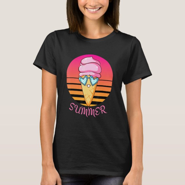 Sunset Summer Ice Cream Cone With Heart Sunglasses T-Shirt (Front)