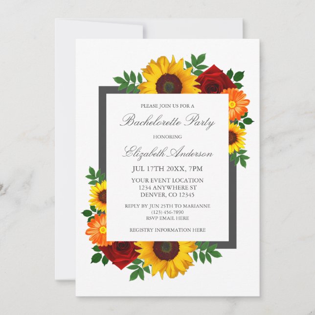 Sunset Sunflower Rose Floral Bachelorette Party Invitation (Front)