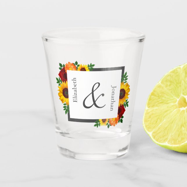 Sunset Sunflower Rose Floral Wedding Shot Glass (Front)
