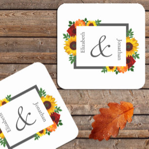 Sunset Sunflower Rose Floral Wedding Square Paper Coaster