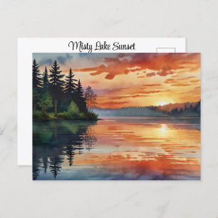 Sunset Sunrise Colourful Misty Lake Watercolor Art Postcard