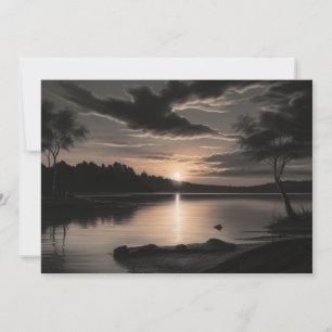 Sunset Sunrise Glassy Lake Charcoal Pencil Art  Holiday Card