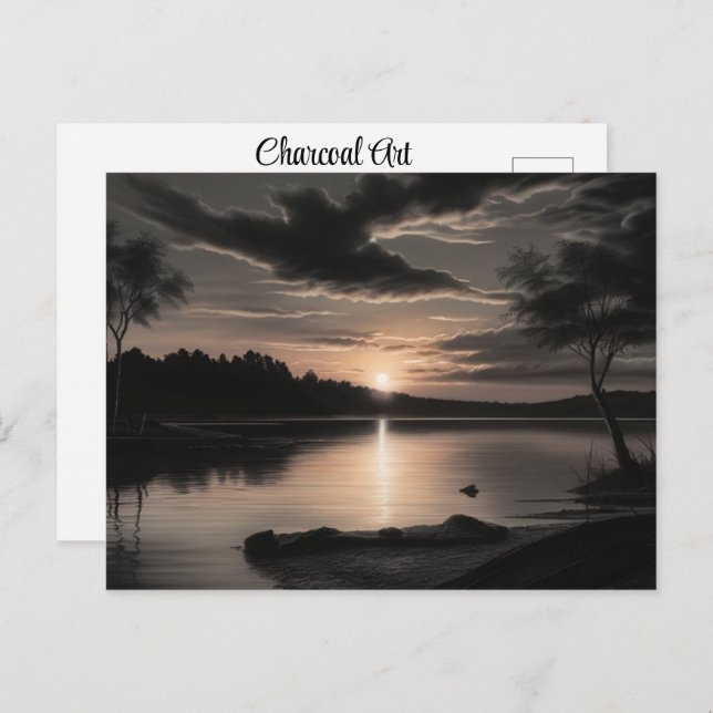 Sunset Sunrise Glassy Lake Charcoal Pencil Art  Postcard (Front/Back)