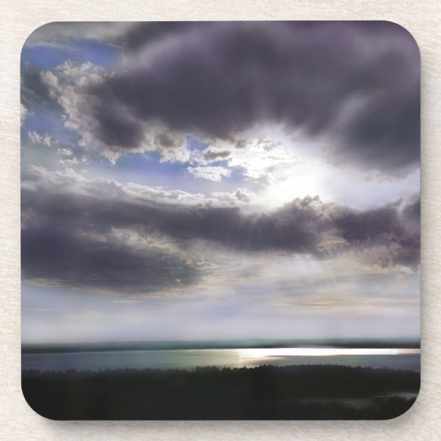 Sunset sunrise lakeshore skyline ocean painting coaster (Front)