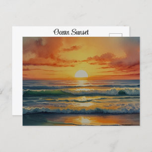 Sunset Sunrise Ocean Beach Colourful Watercolor Ar Postcard