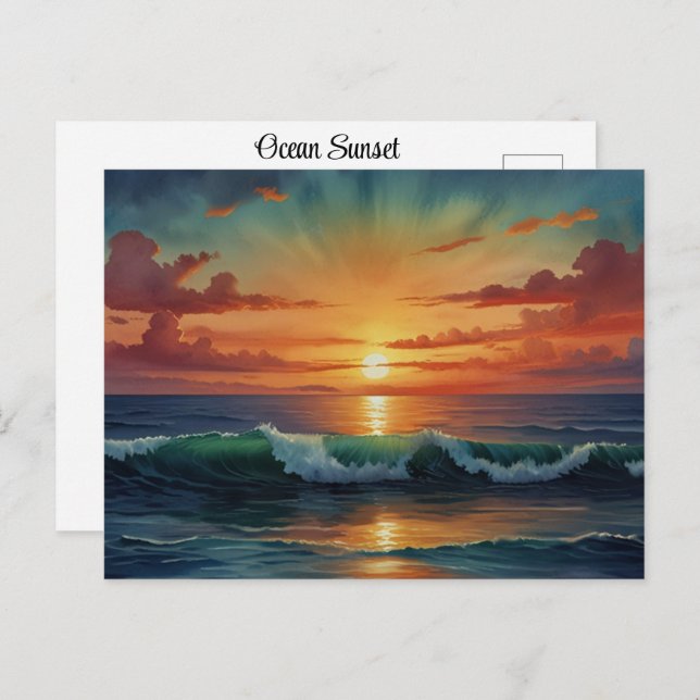 Sunset Sunrise Ocean Waves Colourful Watercolor Ar Postcard (Front/Back)