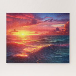 Sunset Sunrise Sundown Ocean Waves Nature Sea Jigsaw Puzzle