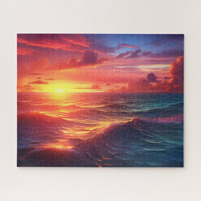Sunset Sunrise Sundown Ocean Waves Nature Sea Jigsaw Puzzle (Horizontal)