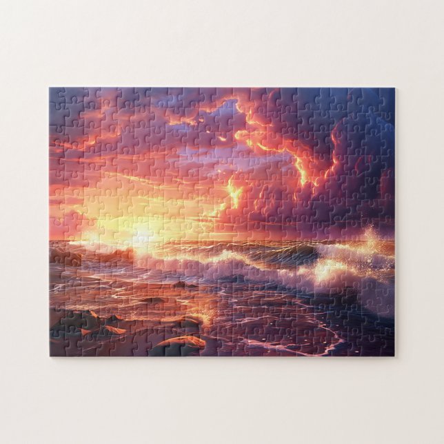 Sunset Sunrise Sundown Ocean Waves Nature Sea Jigsaw Puzzle (Horizontal)