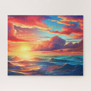 Sunset Sunrise Sundown Ocean Waves Nature Sea Jigsaw Puzzle