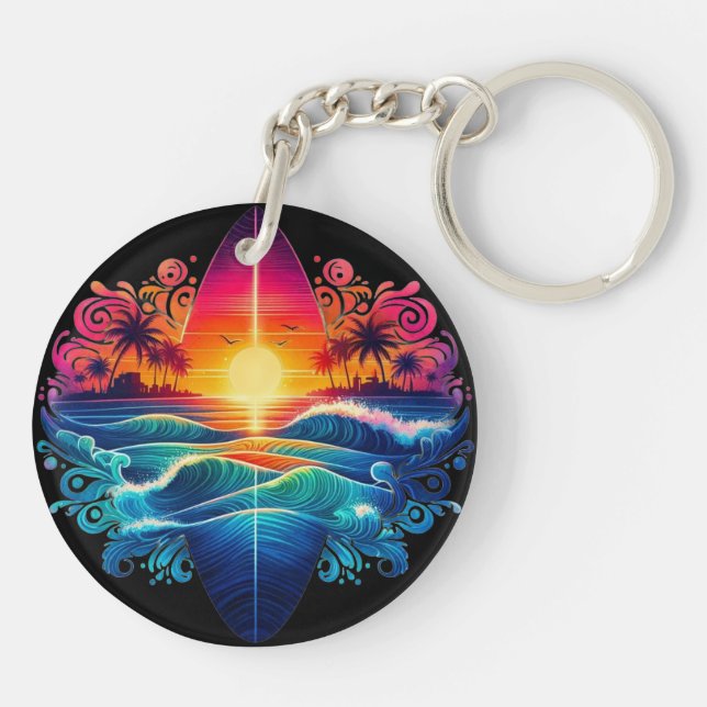 Sunset Surfboard Curls Key Ring (Back)