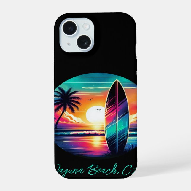 Sunset Surfboard Vibes iPhone 15 Case (Back)