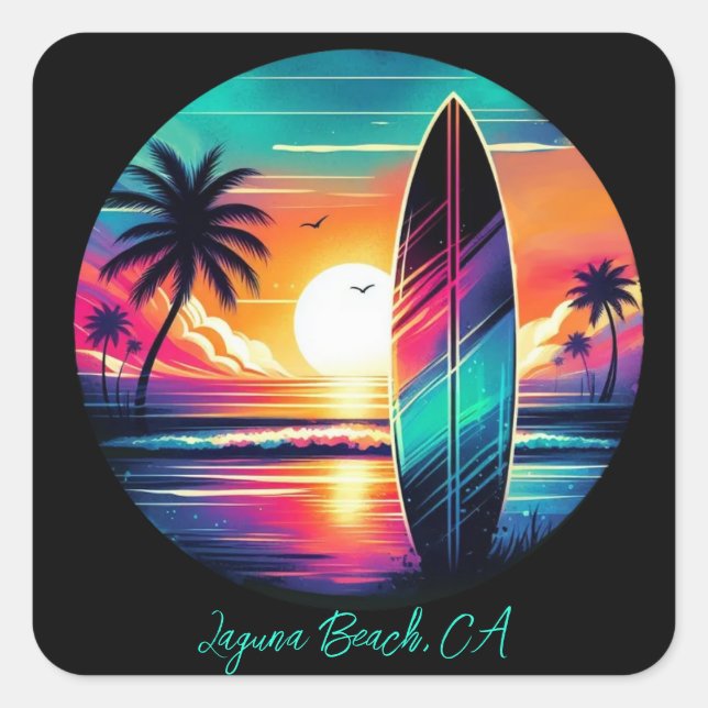 Sunset Surfboard Vibes Square Sticker (Front)