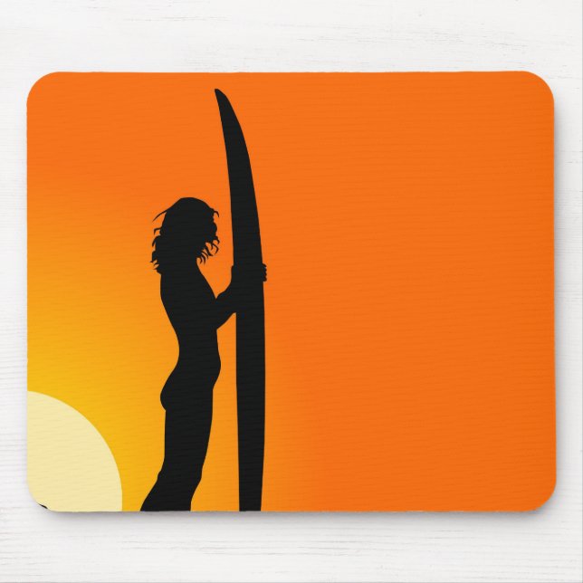 Sunset Surfer Girl with surfboard Mouse Pad (Front)