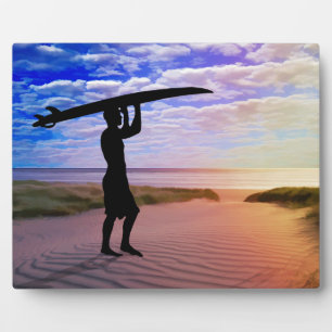 Sunset Surfer Sand and Clouds Art Plaque