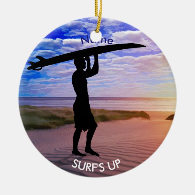 Sunset Surfer Sand Clouds PERSONALIZE Ceramic Ornament (Front)