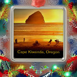 Sunset Surfing and Biking Cape Kiwanda Oregon Metal Ornament<br><div class="desc">It's sunset on a sunny summer September day at Cape Kiwanda in Pacific Beach, Oregon. The amazing basalt seastack in the background is silhouetted with the unusual chute of rock to the right. The sun is dipping in the sky, but people are grabbing the last rays on surfboards, on foot...</div>