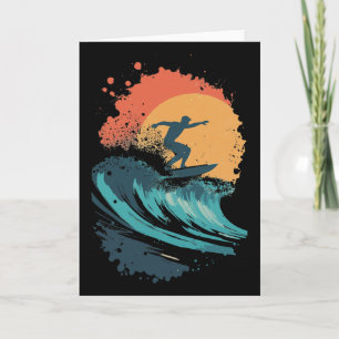 Sunset Surfing Wave Art, Retro Beach Surfer Silhou Card