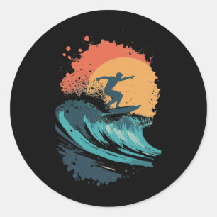 Sunset Surfing Wave Art, Retro Beach Surfer Silhou Classic Round Sticker