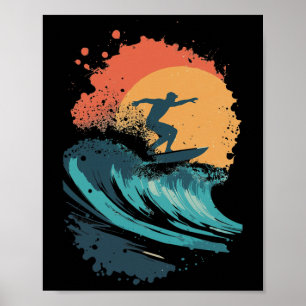 Sunset Surfing Wave Art, Retro Beach Surfer Silhou Poster