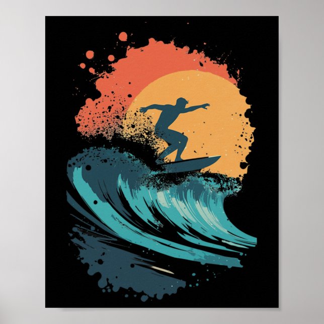 Sunset Surfing Wave Art, Retro Beach Surfer Silhou Poster (Front)