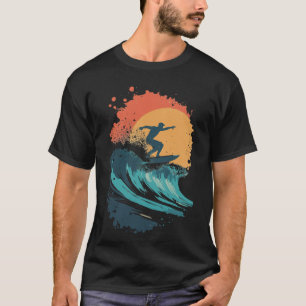 Sunset Surfing Wave Art, Retro Beach Surfer Silhou T-Shirt