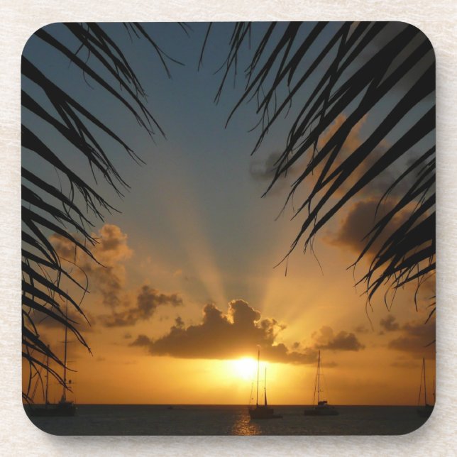 Sunset Through Palm Fronds Tropical Seascape Coaster (Front)