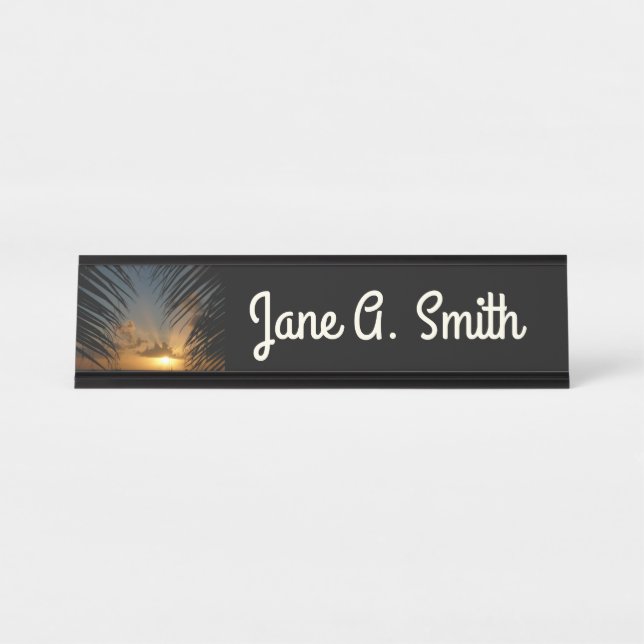 Sunset Through Palm Fronds Tropical Seascape Desk Name Plate (Front)