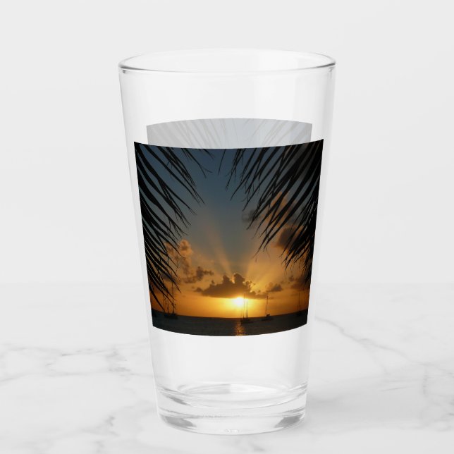 Sunset Through Palm Fronds Tropical Seascape Glass (Front)