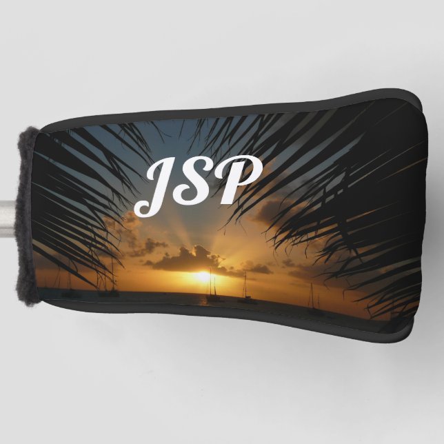 Sunset Through Palm Fronds Tropical Seascape Golf Head Cover (Front)