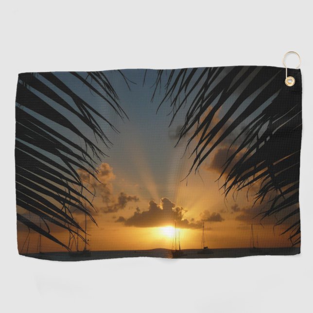 Sunset Through Palm Fronds Tropical Seascape Golf Towel (Horizontal)