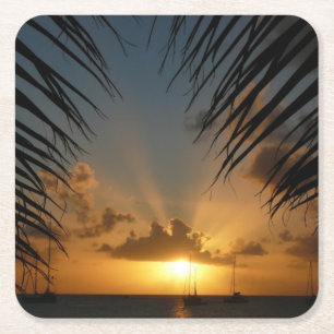 Sunset Through Palm Fronds Tropical Seascape Square Paper Coaster