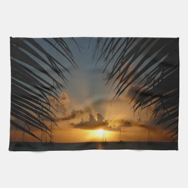 Sunset Through Palm Fronds Tropical Seascape Tea Towel (Horizontal)