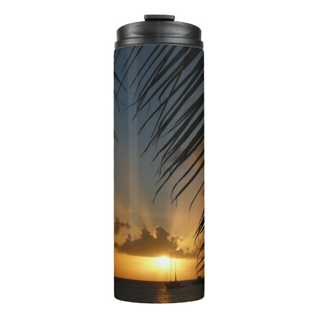Sunset Through Palm Fronds Tropical Seascape Thermal Tumbler (Front)