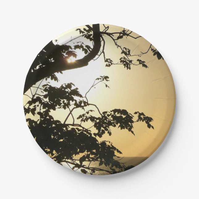 Sunset Through Trees II Tropical Photography Paper Plate (Front)