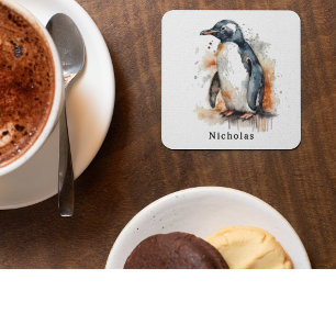 Sunset Tones Watercolor Penguin, custom Glass Coaster