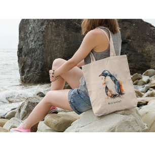 Sunset Tones Watercolor Penguin, custom Tote Bag