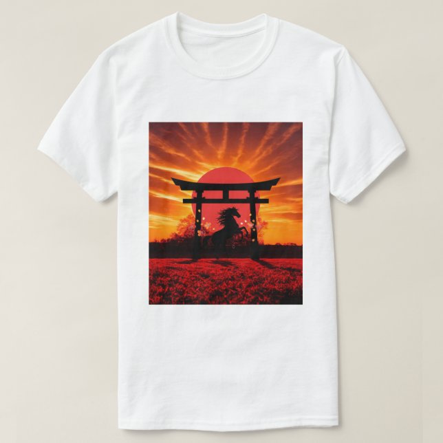 Sunset Torii & Horse – Japanese Landscape Art T-sh T-Shirt (Design Front)