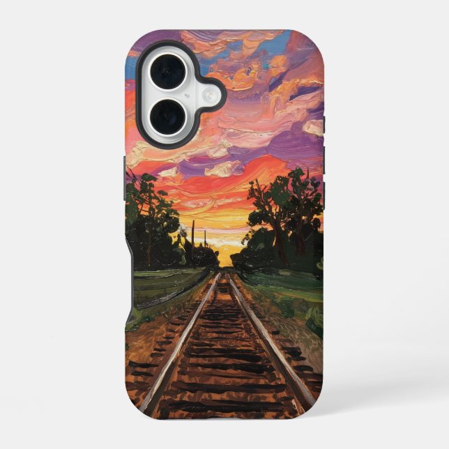 sunset train track iPhone 16 case (Back)
