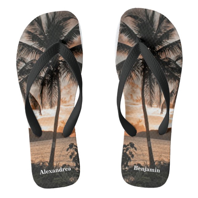 Sunset Tropical Beach Palm Trees Personalise  Thongs (Footbed)