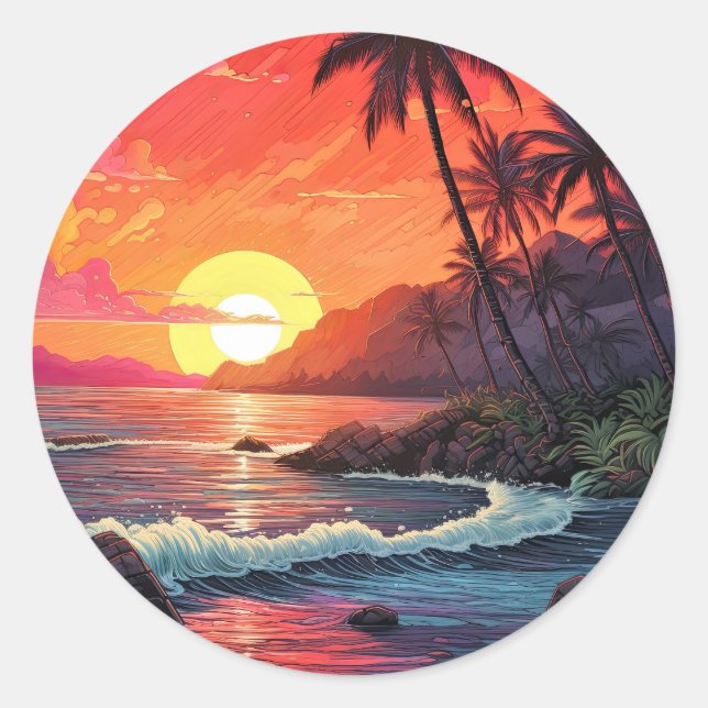 Sunset Tropical Beach Paradise Island  Classic Round Sticker (Front)