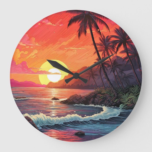 Sunset Tropical Beach Paradise Island  Large Clock (Front)