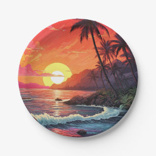 Sunset Tropical Beach Paradise Island Paper Plate