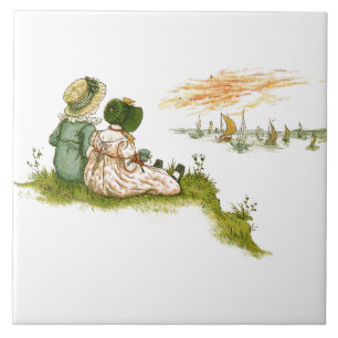Sunset Two Girls Boats Kate Greenaway Ceramic Tile