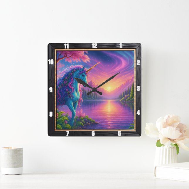 Sunset Unicorn Lake Forest Square Wall Clock (Home)