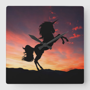 Sunset Unicorn Silhouette Time Glow Square Wall Clock