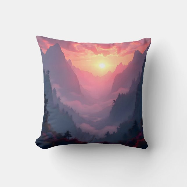 Sunset Valley – Golden Sunset Landscape Throw Cushion (Front)