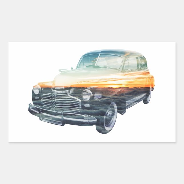 sunset vehicle double exposure rectangular sticker (Front)