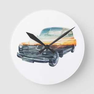 sunset vehicle double exposure round clock