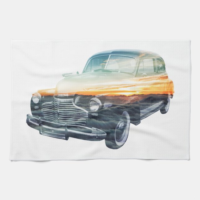 sunset vehicle double exposure tea towel (Horizontal)
